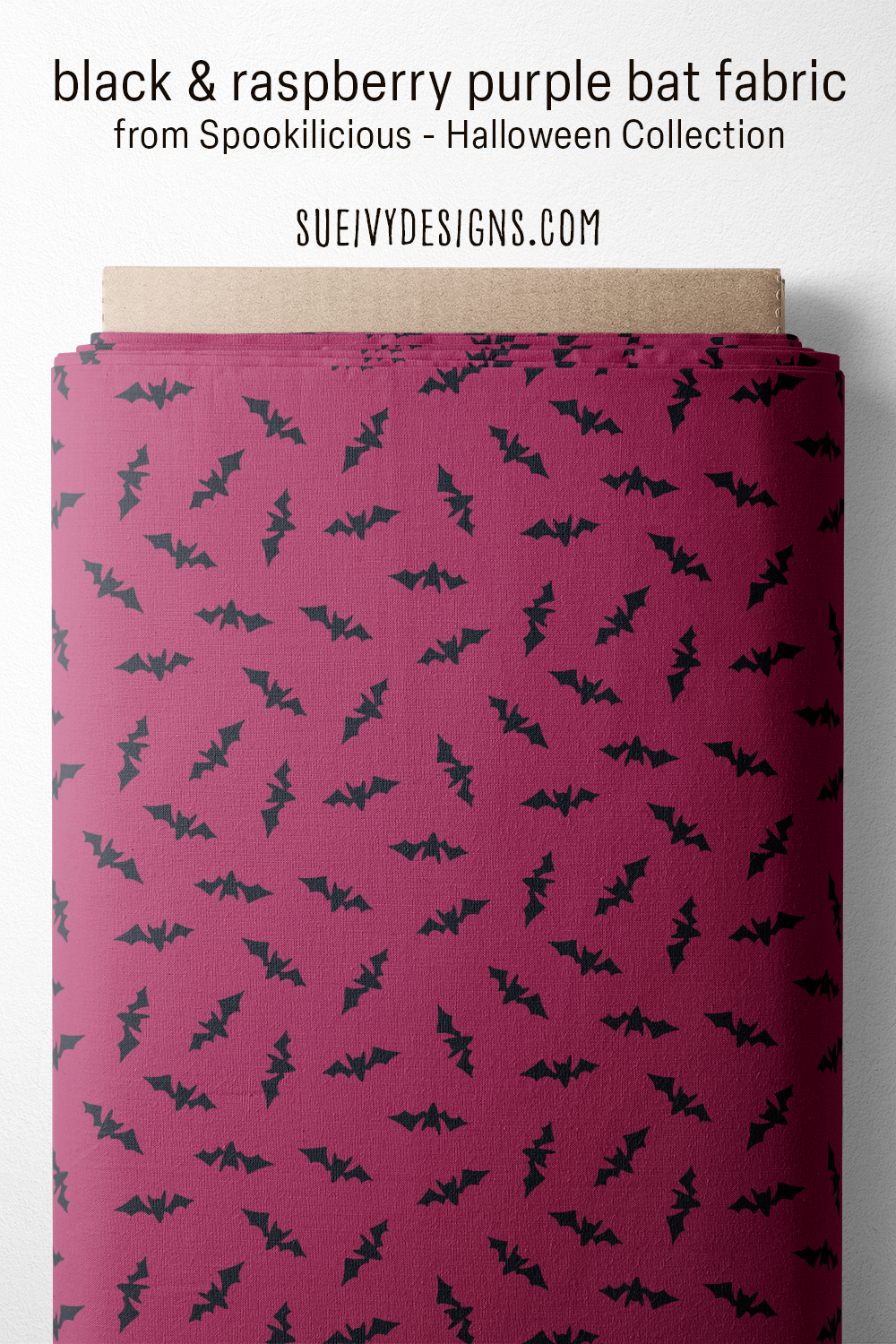Black bat fabric on a raspberry purple ground from the Spookilicious Halloween collection, great for a Halloween pillowcase or tote bag.