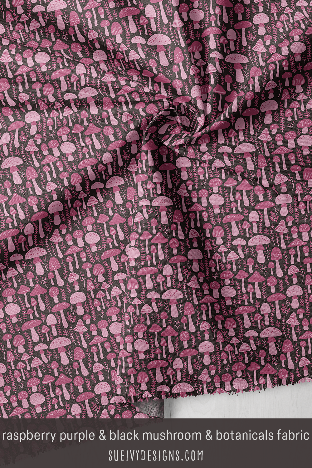 Raspberry purple and pale raspberry purple mushrooms and botanicals, close up — quilting fabric.