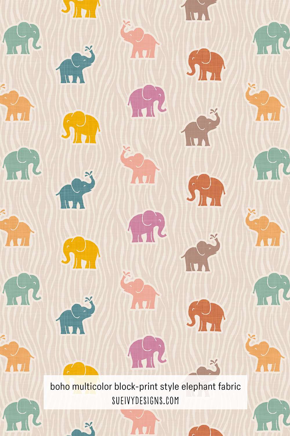Boho block-print elephant fabric in multicolor on cream by Sue Ivy Designs, perfect for quilting and nursery projects
