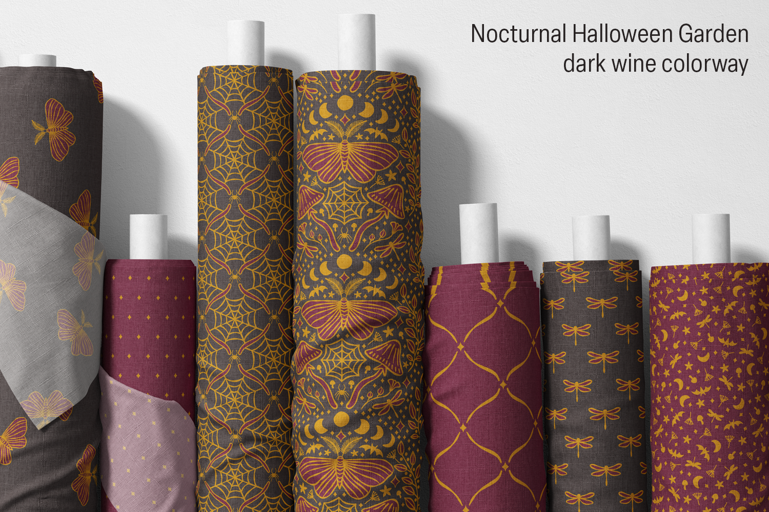 Nocturnal Halloween Garden fabric collection, dark wine colorway, by Sue Ivy Designs.