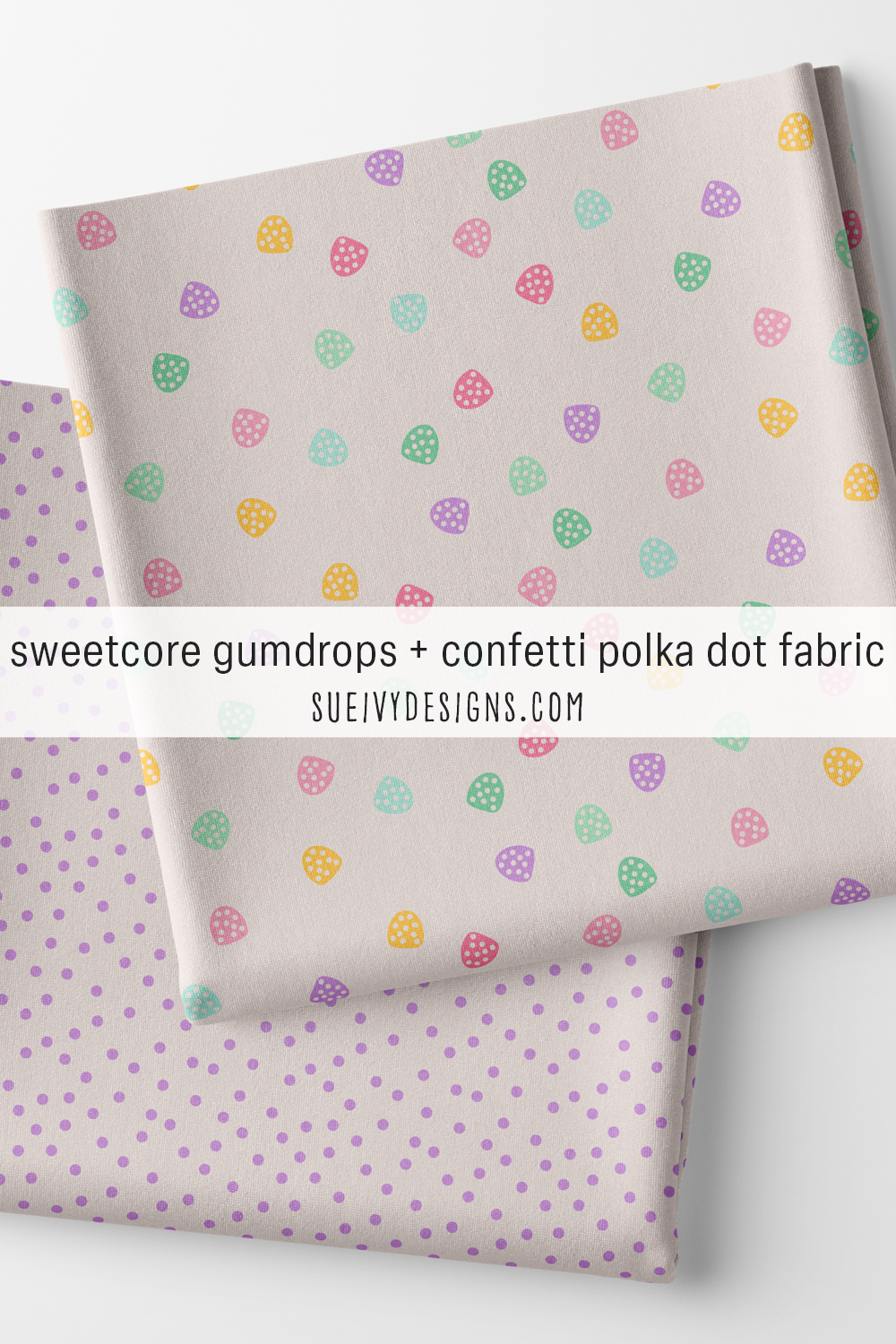Pastel gumdrops fabric over purple polka dots, confetti-bright holiday fun