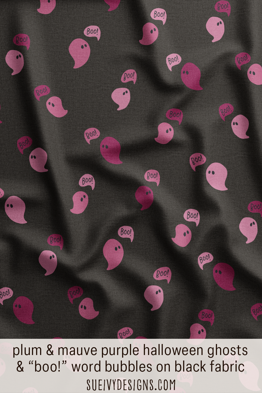 Plum and mauve ghost and boo word bubble Halloween fabric from the Happy Haunting collection by Sue Ivy Designs.