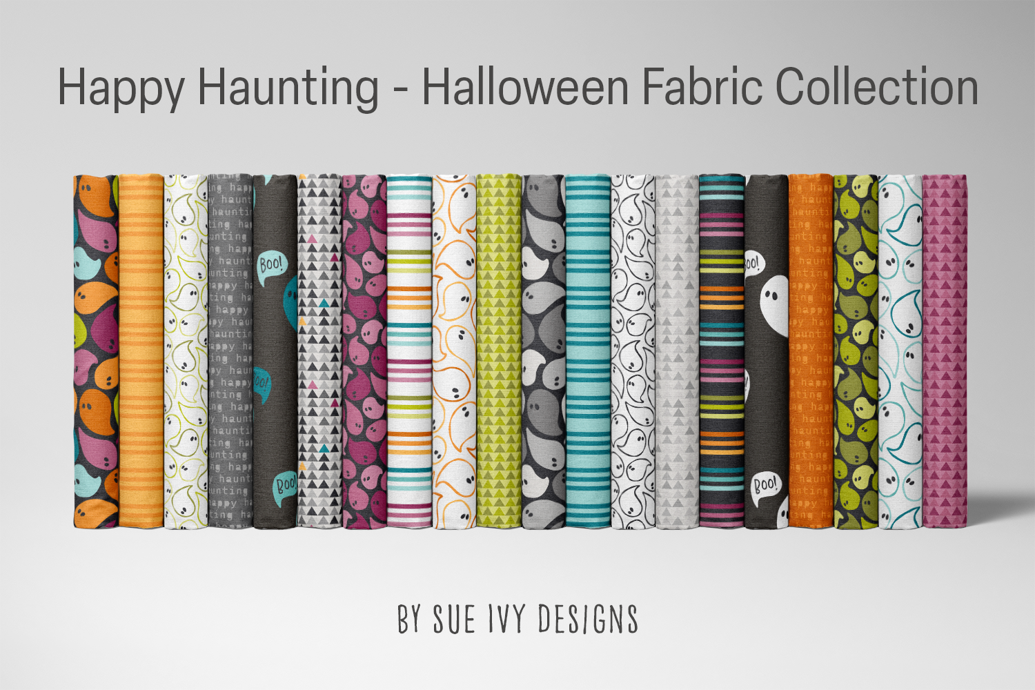 Happy Haunting Halloween fabric collection lineup by Sue Ivy Designs.