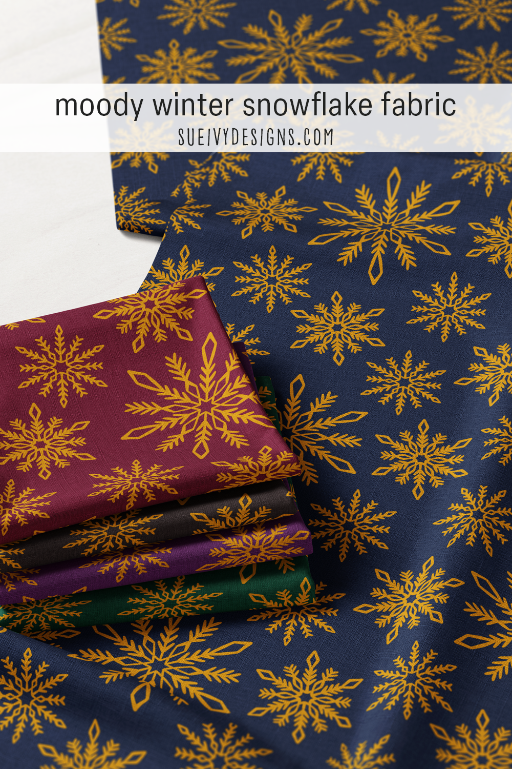 Gold snowflakes tossed across all five dark grounds — wine, forest green, navy, purple, and warm black — for a winter quilt.