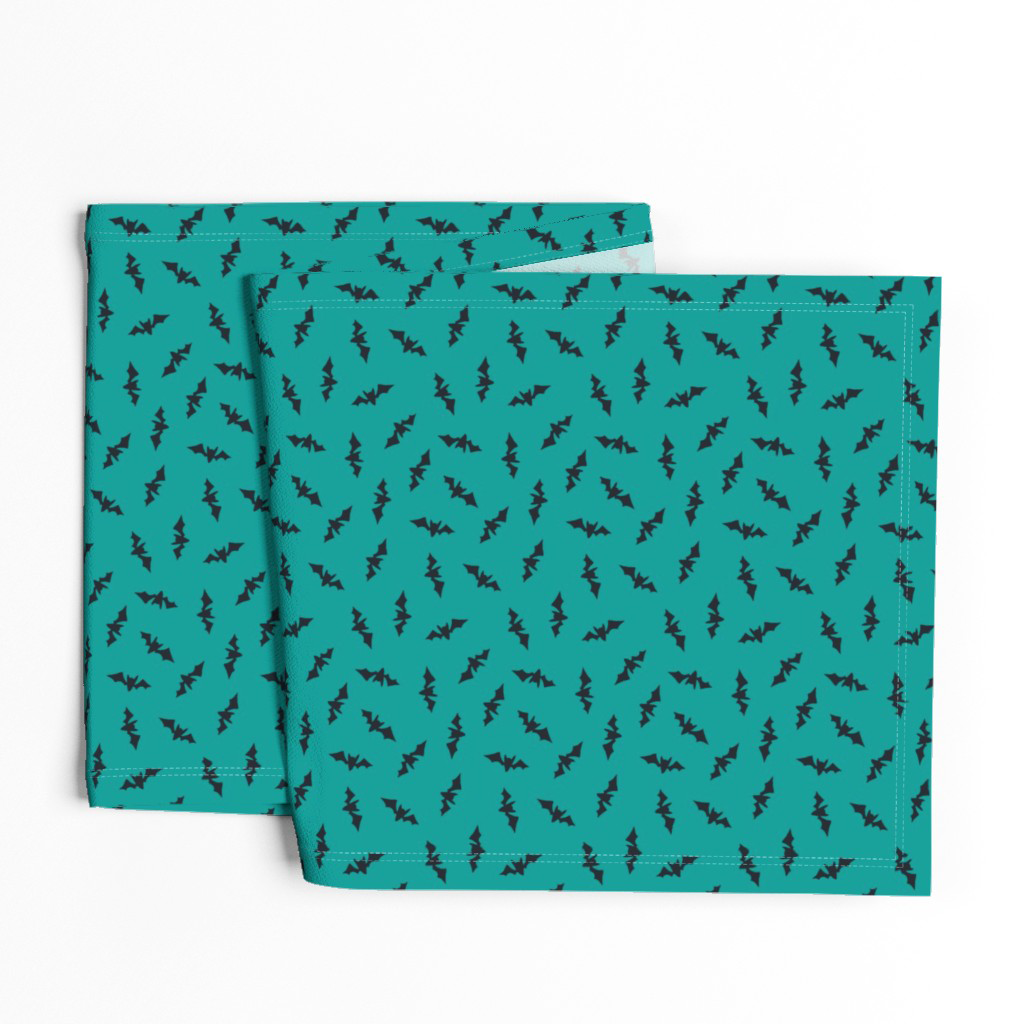 Hand-drawn Halloween bat table runner in black and teal, ready to order from Spoonflower in the Spookilicious collection.