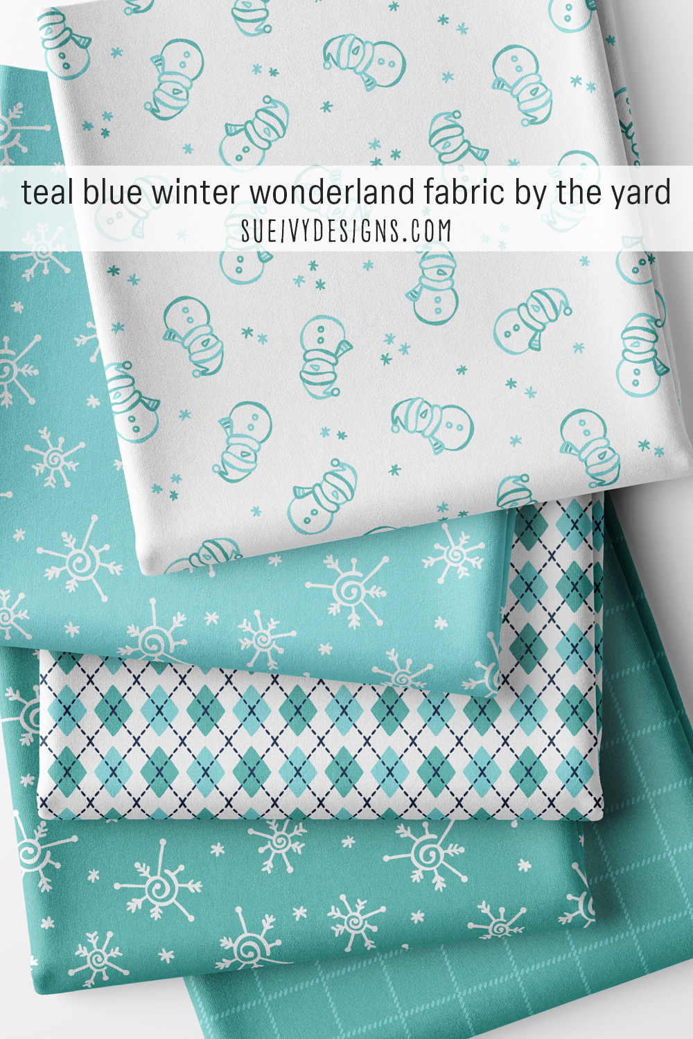 Teal blue winter fabric by the yard, five Winter Wonderland fat quarters in light aqua and teal blue for quilting.
