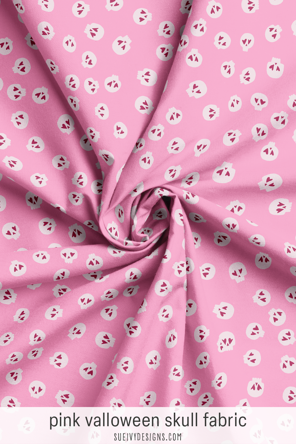 Pale pink skulls with raspberry heart eyes tossed on bubblegum pink, Valentine's Day fabric by the yard