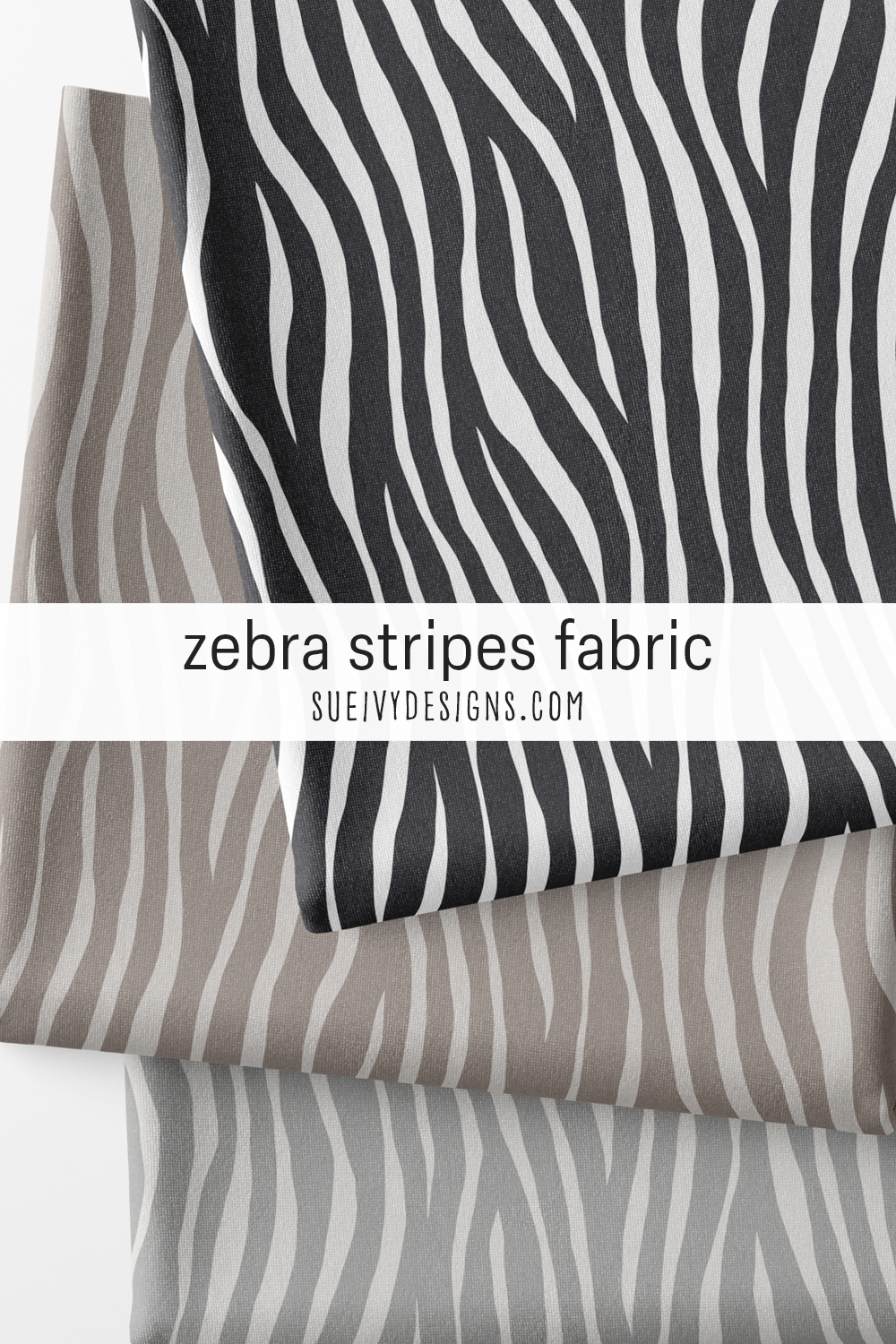 Zebra stripes fat quarters in three neutral colorways — black and white, gray, and taupe — animal print for quilting.