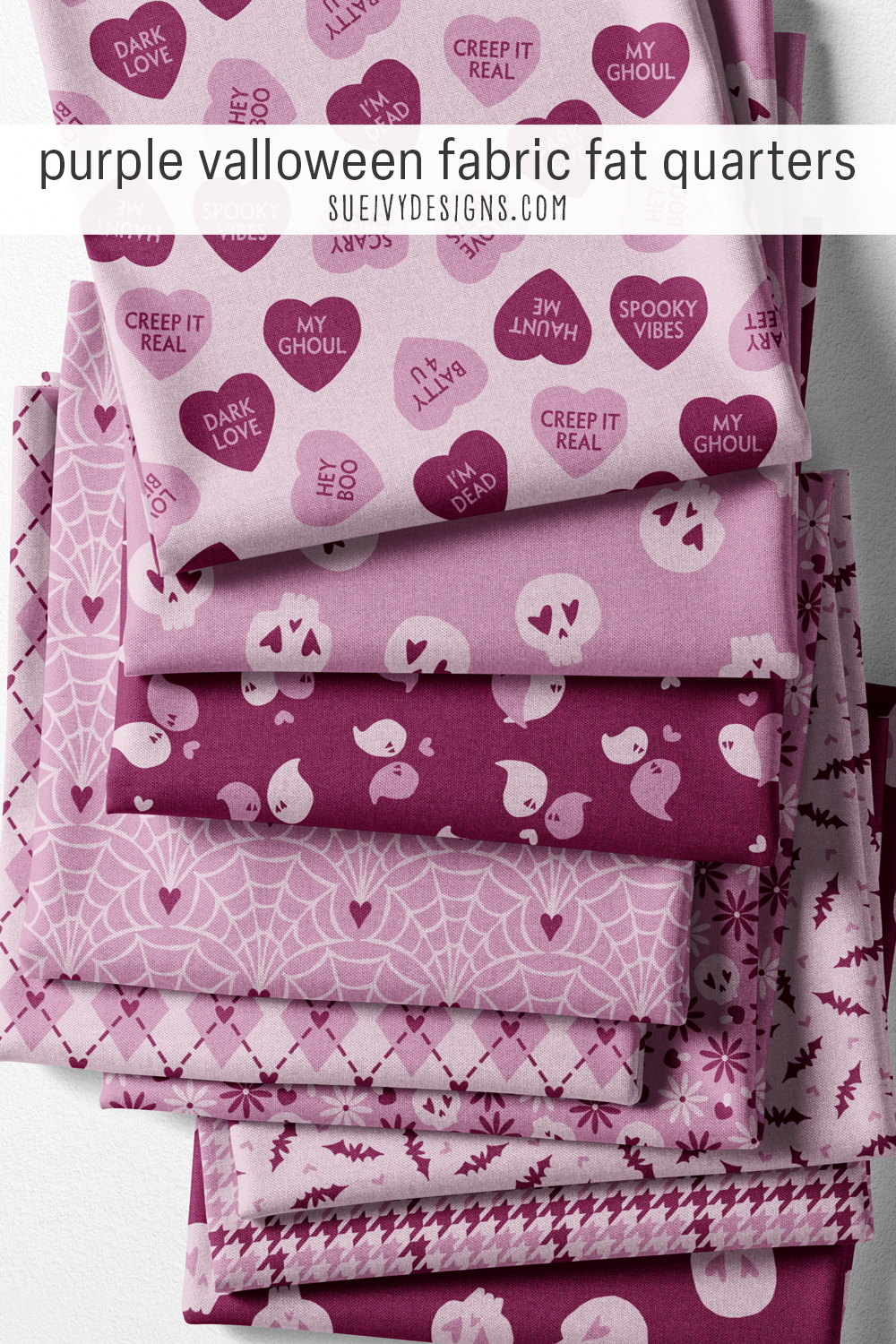 Berry plum and mauve purple fat quarters, from conversation hearts to bats and skulls, for a Halloween patchwork pillow