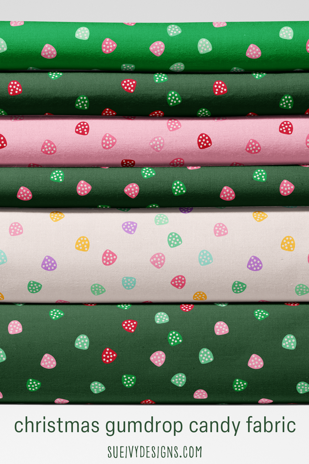 Scattered gumdrop candies in all six colorways, bright pastel to classic — Christmas blender fabric.