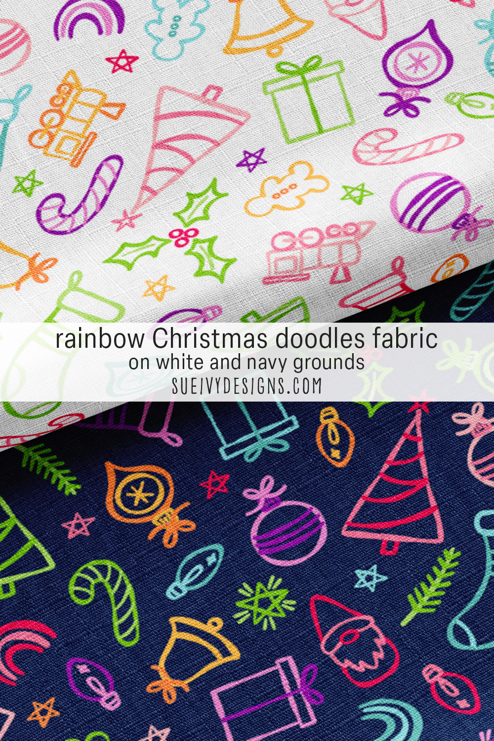 Trees, candy canes, gingerbread, and gnomes — Cute Christmas doodles in rainbow, on white and navy, for holiday quilting.