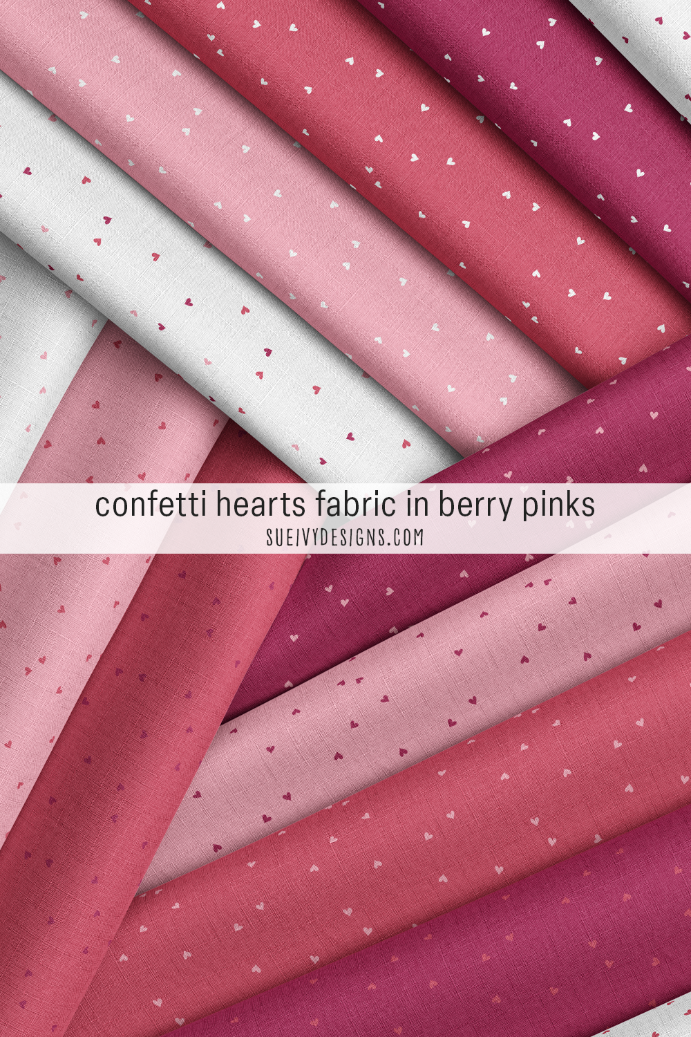 Confetti hearts, small and scattered, in all thirteen colorways of raspberry purple, berry pink, light pink, and white, for scrunchies.