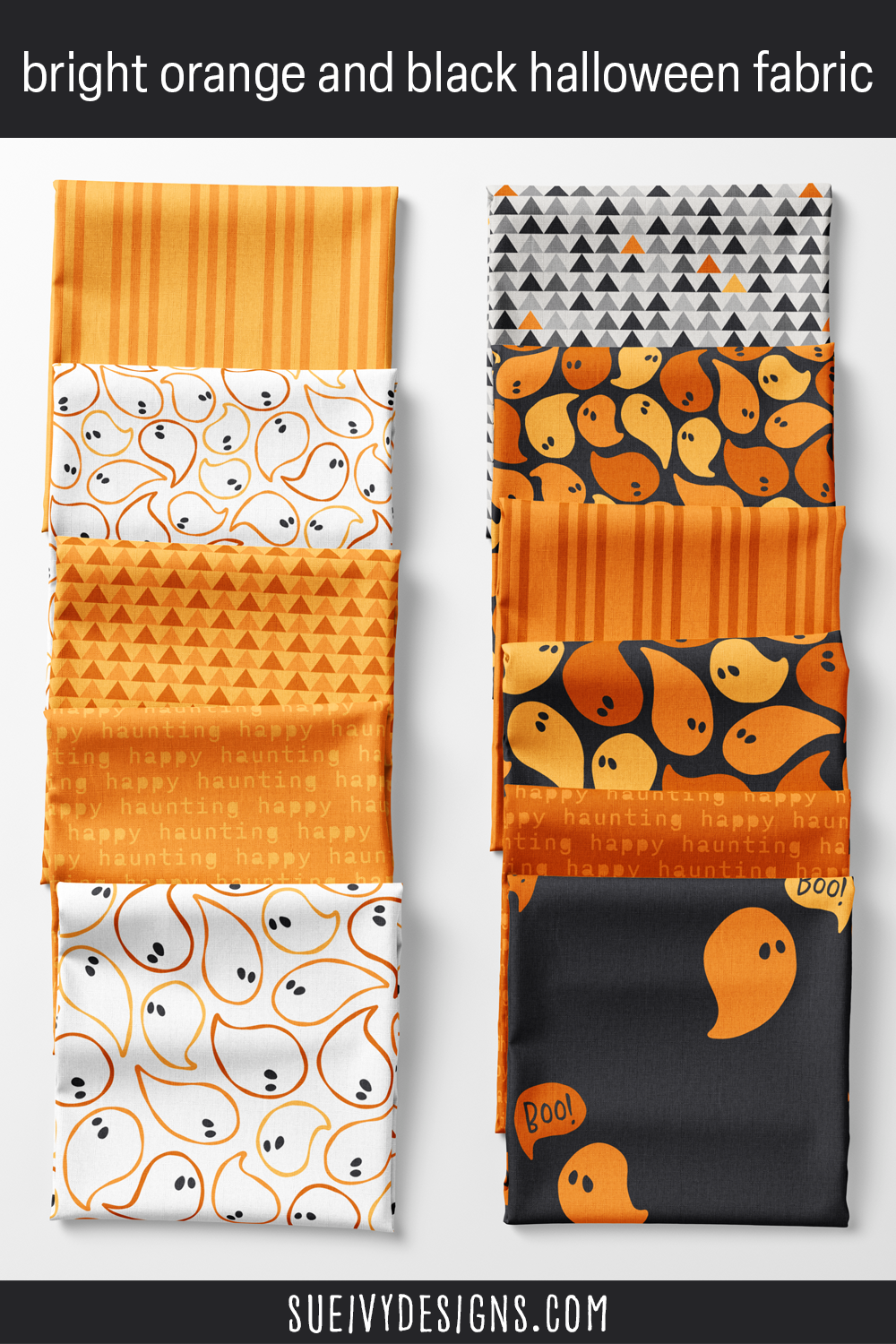 Happy Haunting Halloween fabric in bright orange and black — ghosts, 'happy haunting' text, stripes, and triangles in the classic black-and-orange Halloween palette.