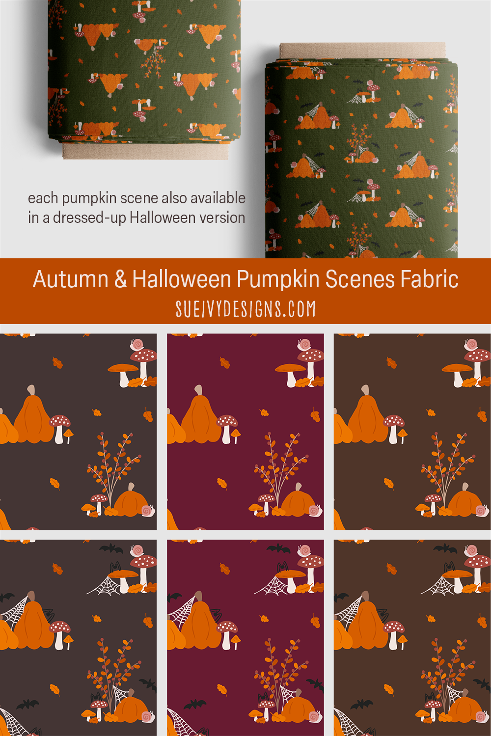 Autumn and Halloween pumpkin scenes fabric from the Snails & Mushrooms collection by Sue Ivy Designs, each pumpkin scene available in a fall version and a dressed-up Halloween version with spiders, webs, and bats.