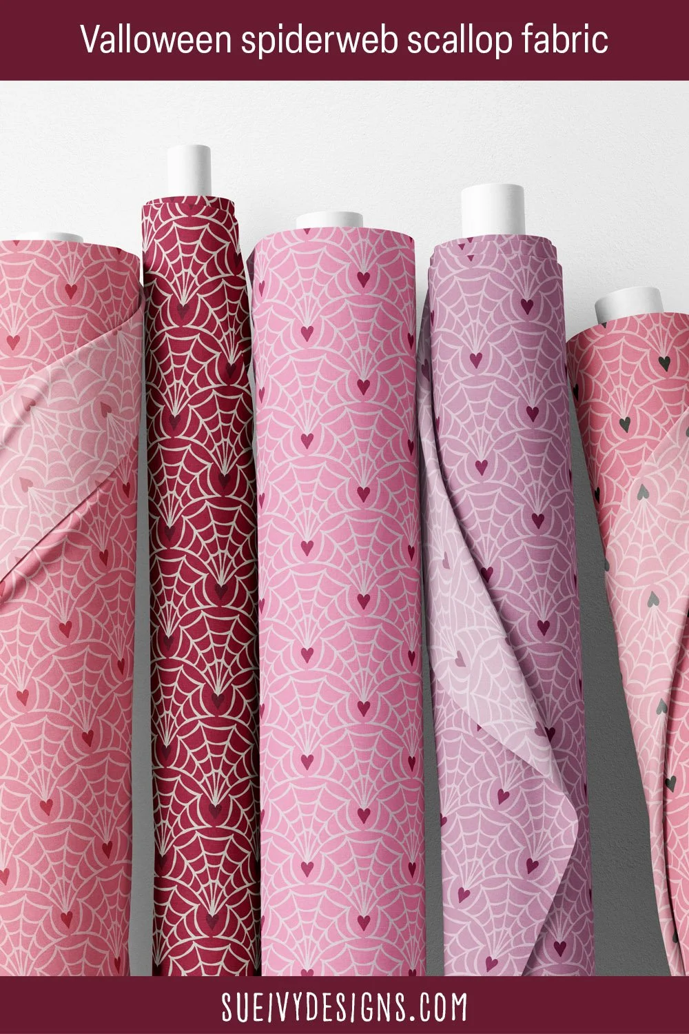 Rolls of tiny tall hearts sprouting scalloped spiderwebs, in five colorways including pink & red and purple, for Valloween napkins