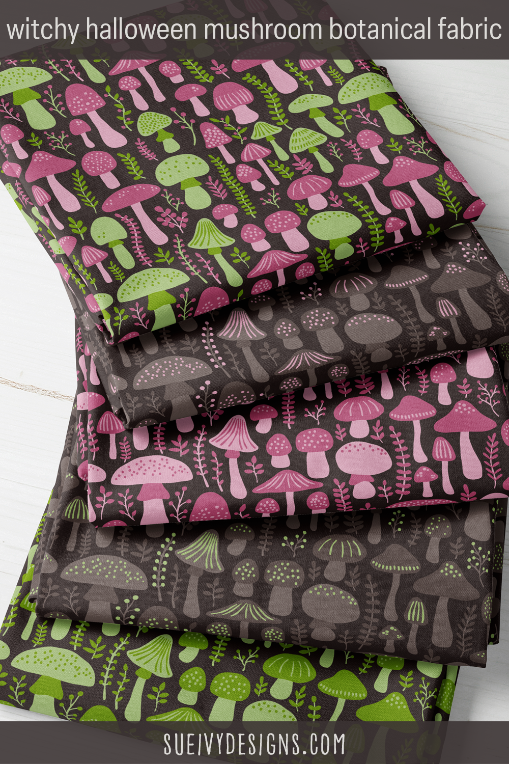 Multicolor, green and raspberry purple mushrooms with vines and poison berries in all five colorways — quilting cotton.