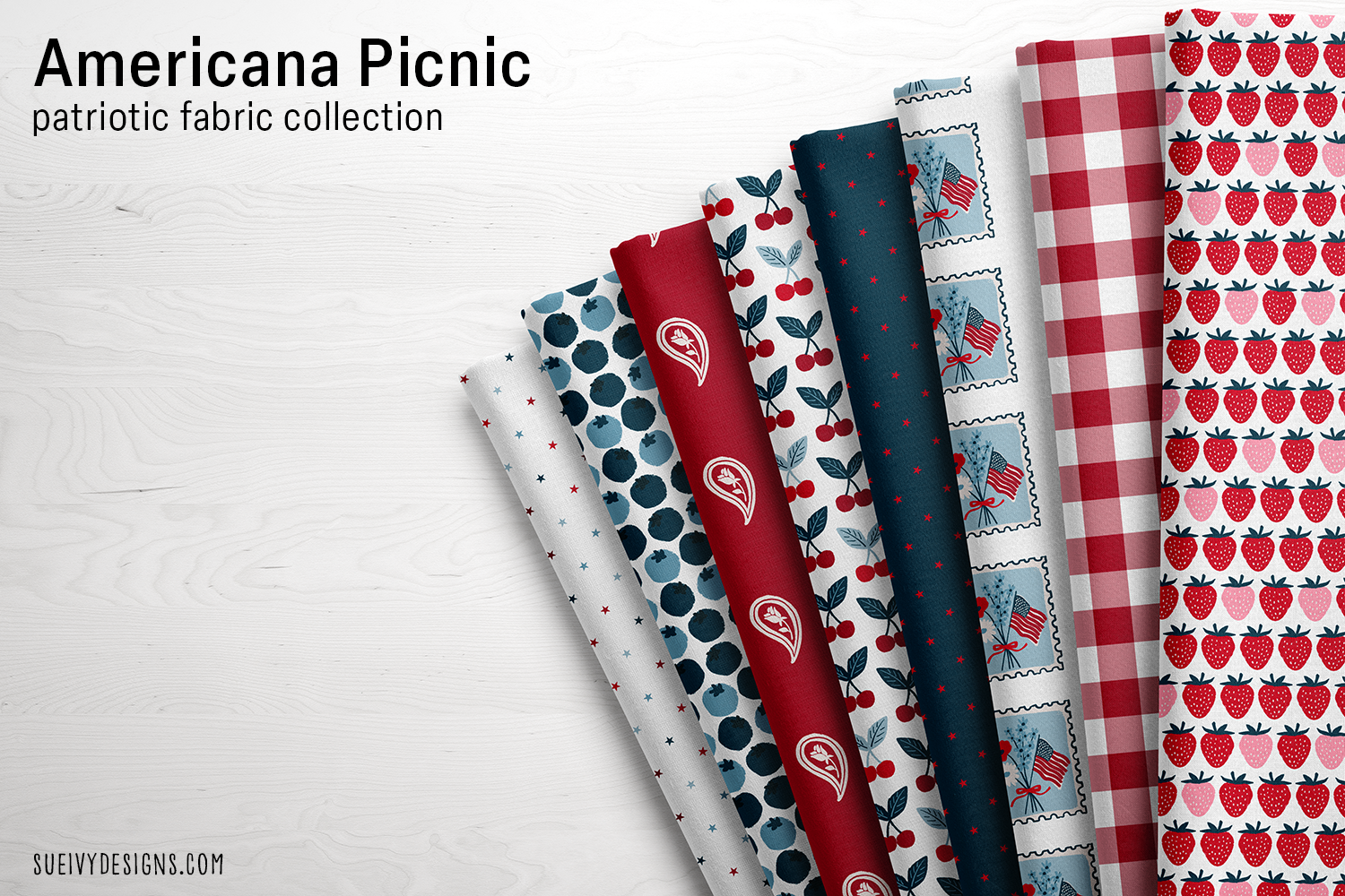 Sampler of seven fabrics from the patriotic Americana Picnic Collection by Sue Ivy Designs