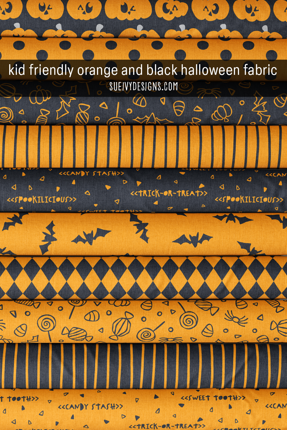Spookilicious Halloween fabric in kid-friendly orange and black — the brightest, most trick-or-treat-ready spin on classic Halloween orange-and-black.