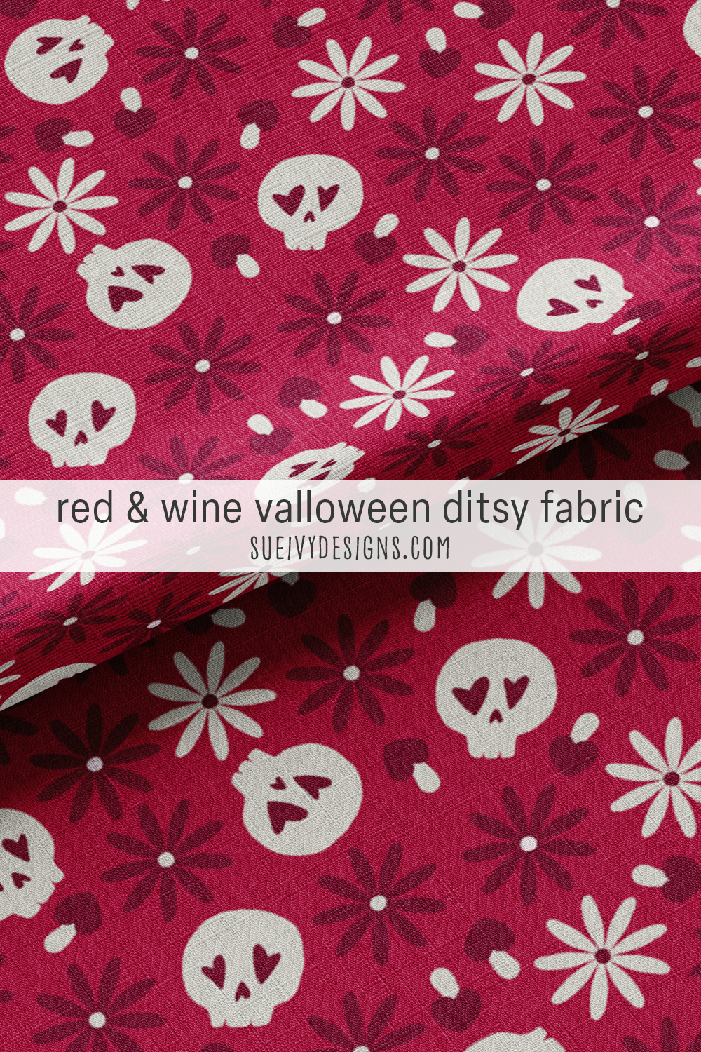 Light gray daisies and skulls with dark wine heart-cap mushrooms on dark red, a ditsy for a Valentine's party dress
