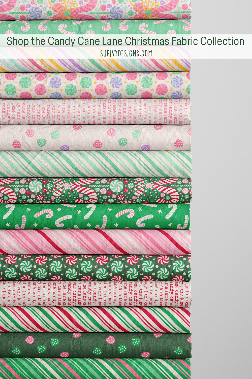 Candy Cane Lane fabric collection — all six Christmas candy prints in pastel, pink, and classic red and green colorways.