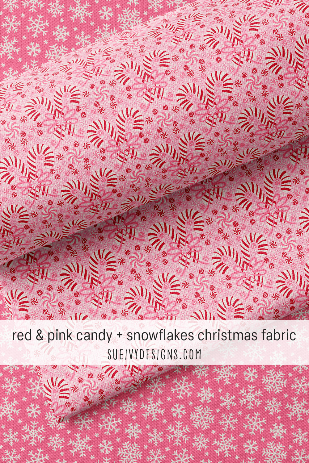 Red-and-pink candy cane damask over cream chunky snowflakes fabric on a dark pink ground