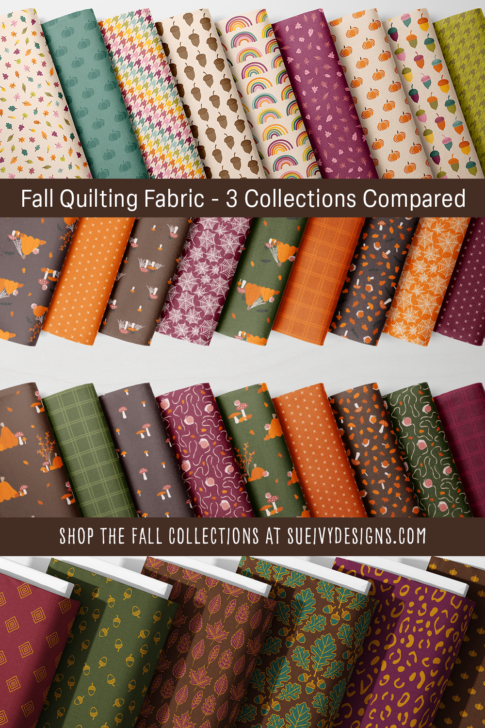 Autumn Rainbows, then Snails & Mushrooms twice — Halloween bats and webs above its fall fabric prints — then Gilded Autumn, in four rows.