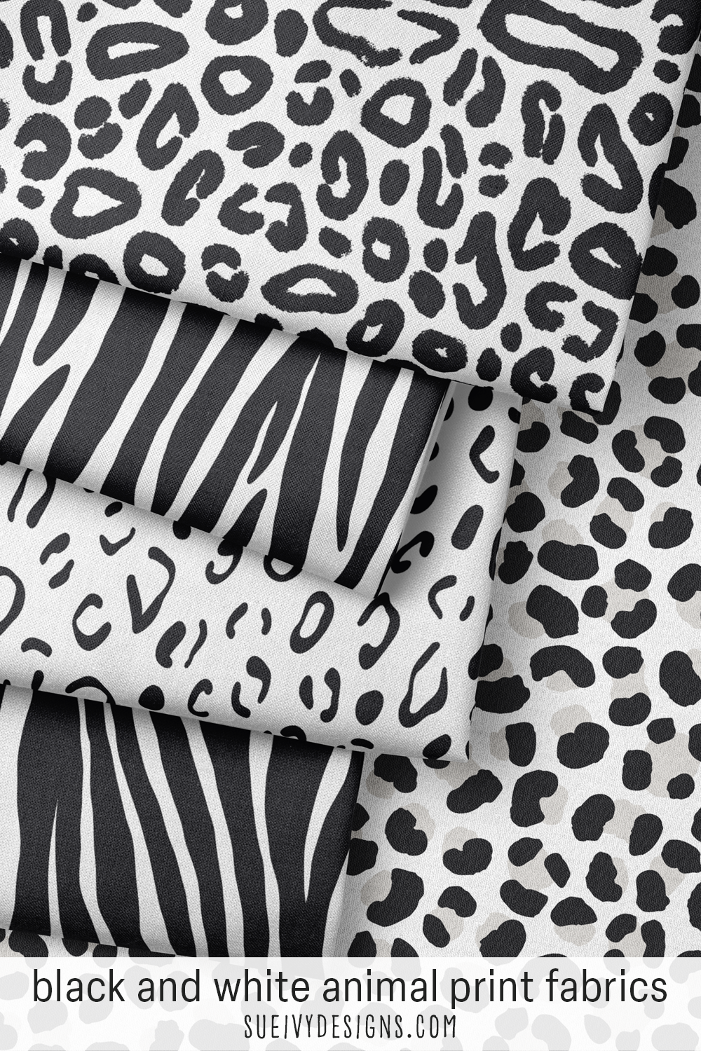 Bold black and white animal print fabrics — high-contrast snow leopard, tiger, abstract leopard, zebra, & classic leopard.