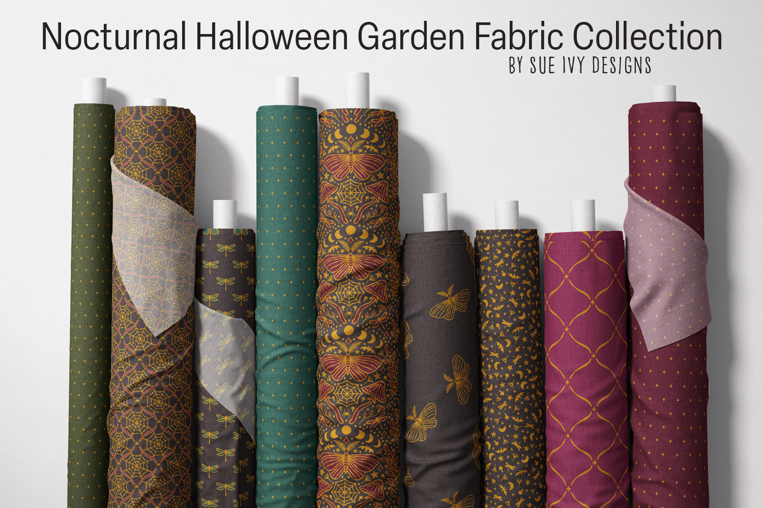 Sampler of Nocturnal Halloween Garden fabrics in dark forest green, dark wine, dark teal, and black, ready to mix into a jewel-toned Halloween project.