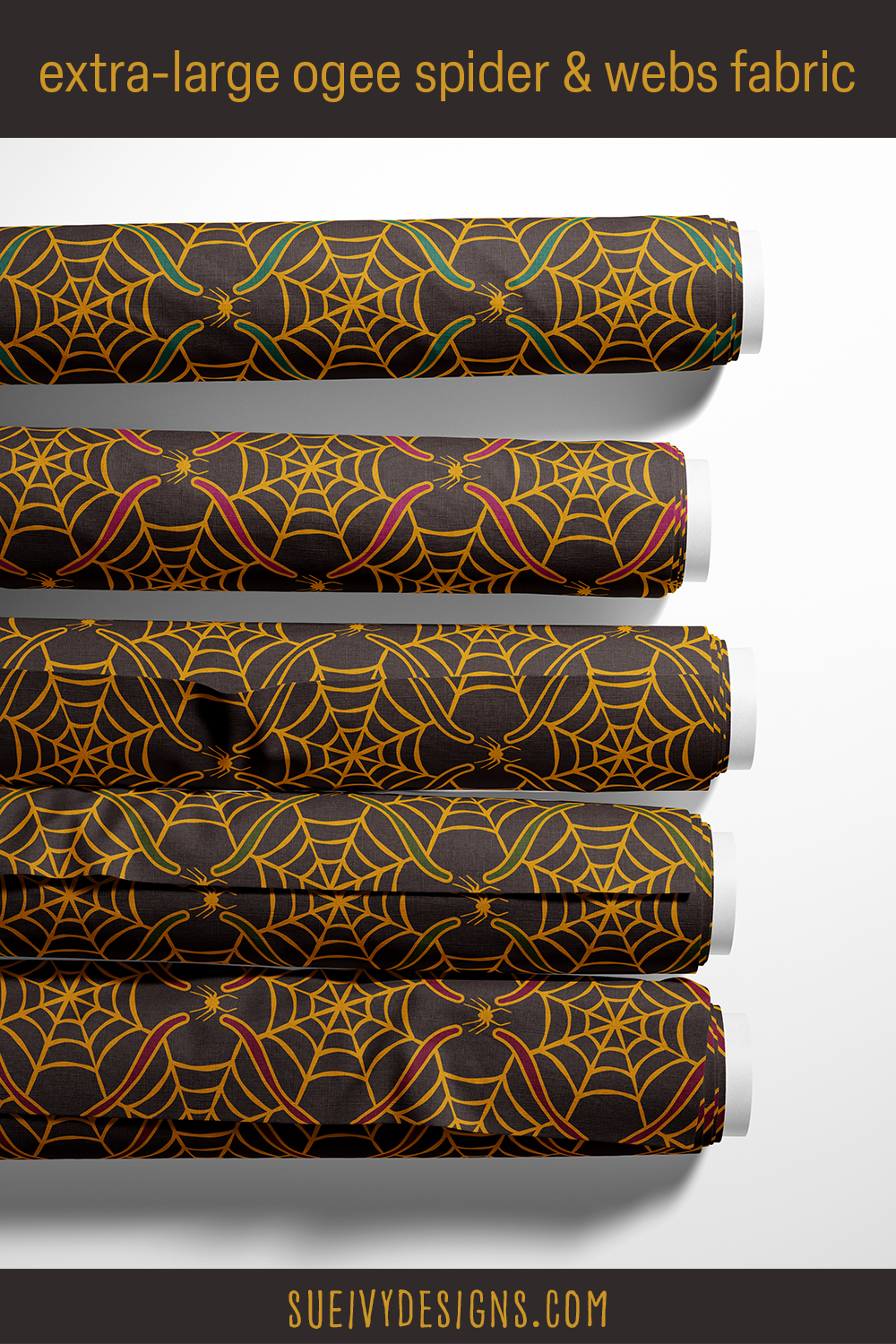 Extra-large ogee with spiders & spiderwebs fabric in gold and jewel tones, ideal for a bold Halloween quilt backing.