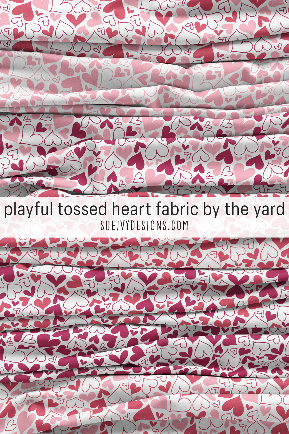 Puffy hearts tossed with heart outlines in all seven colorways, multicolor, two-color, or one-color on white, for fabric valentines.