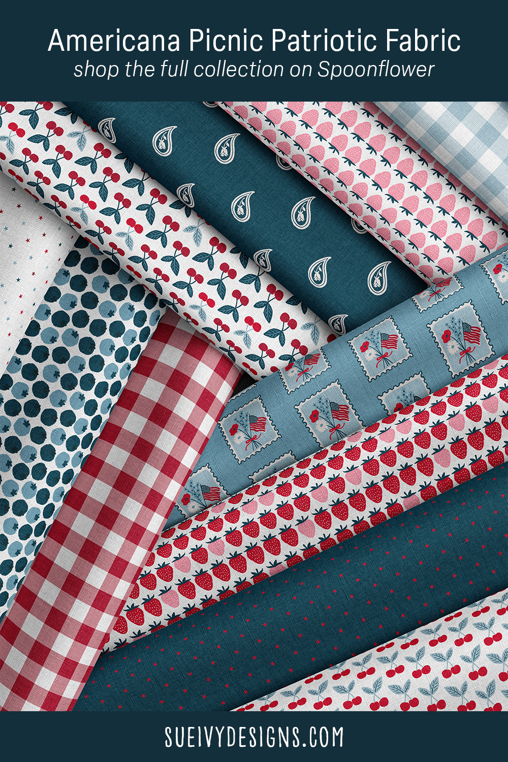 Eleven patriotic fabric samples from the Americana Picnic Collection by Sue Ivy Designs