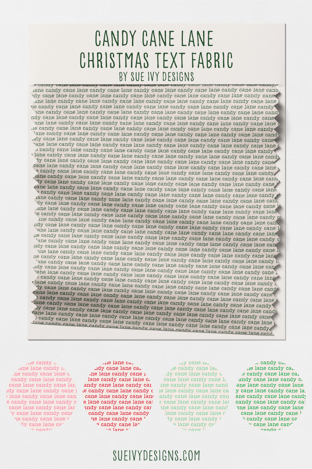 "Candy cane lane" typewriter text in five colors on cream — red, dark pink, and three greens. Christmas fabric.