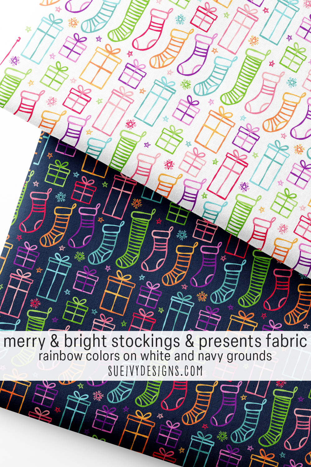 Piles of packages and a row of stockings in rainbow, the stockings and presents print on white and navy, for handmade quilts.