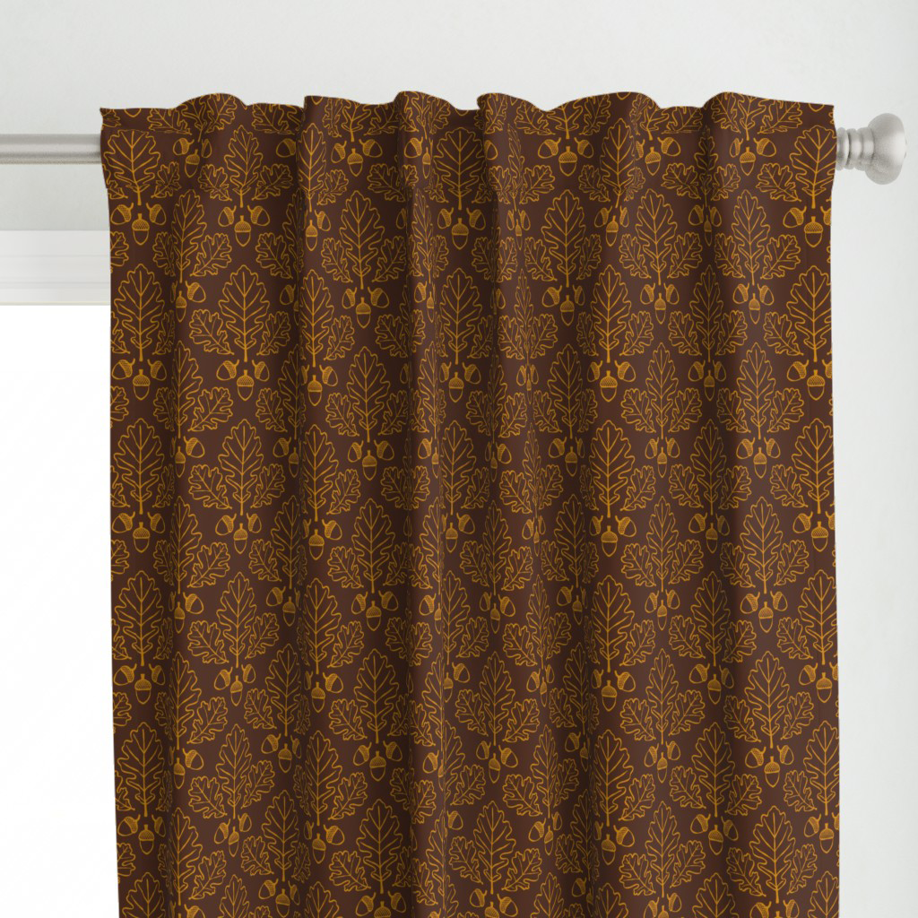 Dark chocolate brown acorn and oak leaf damask curtains