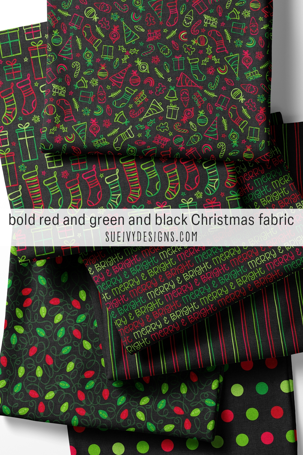 The red and green colorway on black — stockings to dots on a dark ground, for festive quilting.