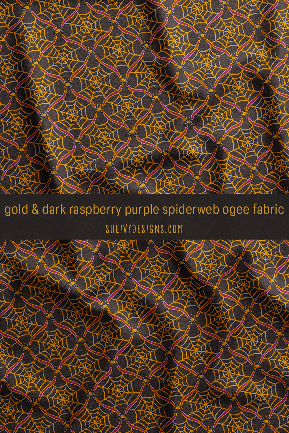 Gold & dark raspberry purple ogee with spiders & spiderwebs fabric, Nocturnal Halloween Garden collection by Sue Ivy Designs.