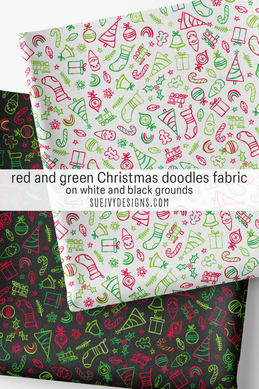 Red and green doodles on white and on black, with stockings, presents, pine boughs, and holly. Holiday cotton fabric.