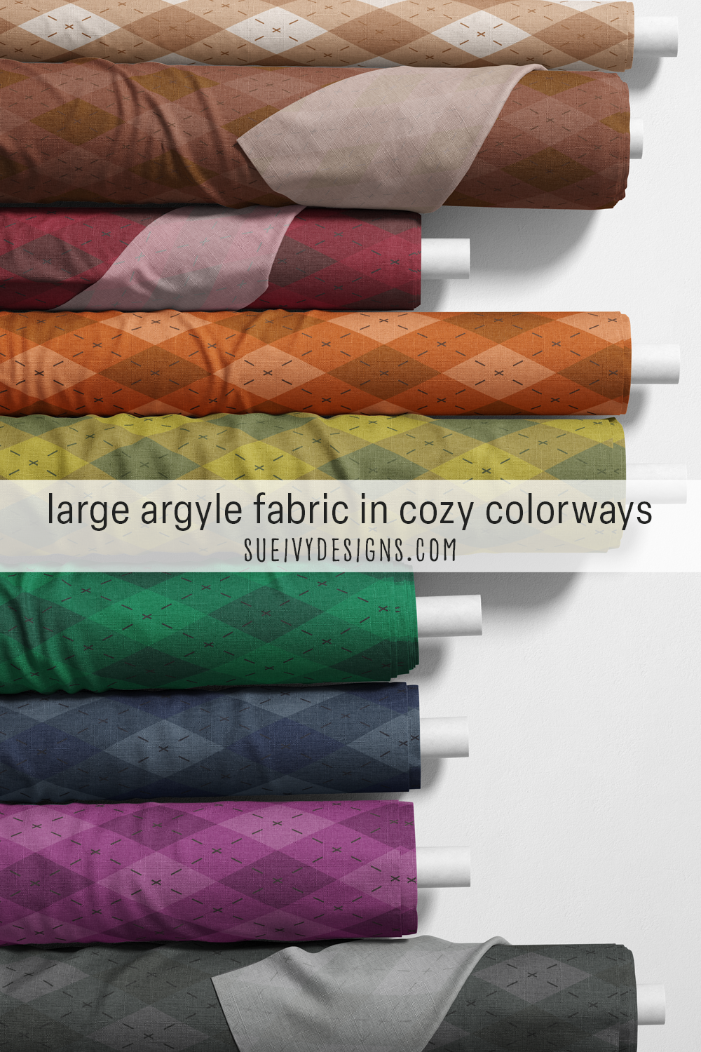 Argyle fabric in nine cozy colorways, from camel to moss green to plum purple— large vector diamonds, quilting cotton for stash building