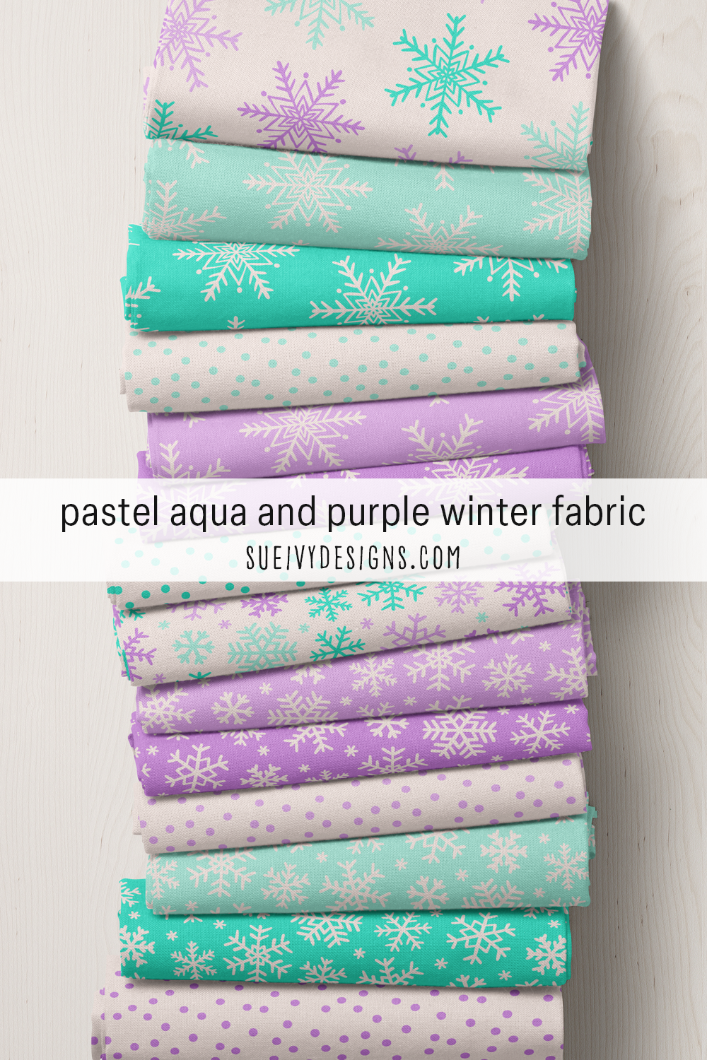 Cool-toned Snowlicious colorways — aqua-mint and candy-purple snowflakes and dots, for an icy pastel quilt.
