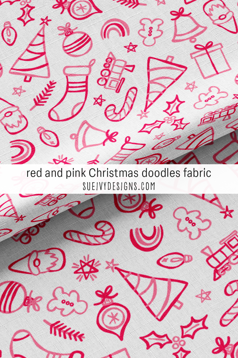 A red and pink colorway of the doodled motifs, cherry red and dark pink on white. Christmas cotton fabric.