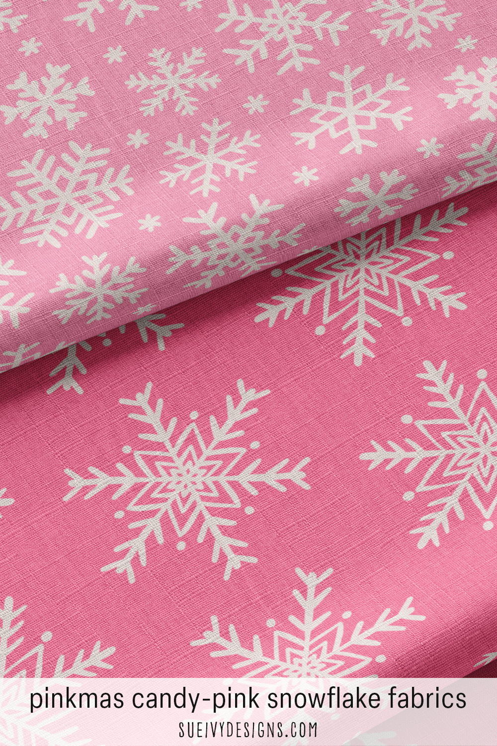 Two candy-pink snowflake fabrics — chunky cream on candy pink, airy cream on dark candy pink, for a pink Christmas make.
