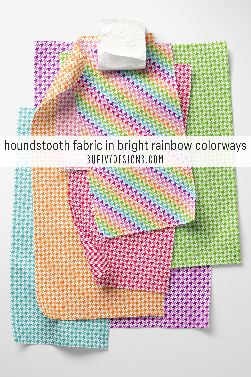 Seven tonal houndstooth swatches — pink, red and pink, gold and orange, green, teal blue, purple, plus the full multicolor.
