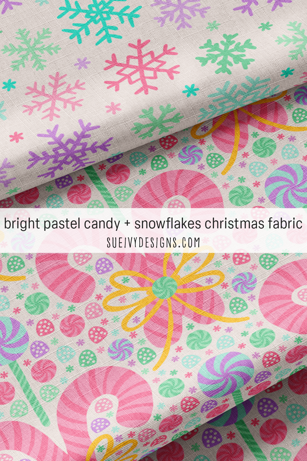 Pastel candy cane damask layered with multicolor chunky snowflakes, a sweetcore Christmas fabric mix