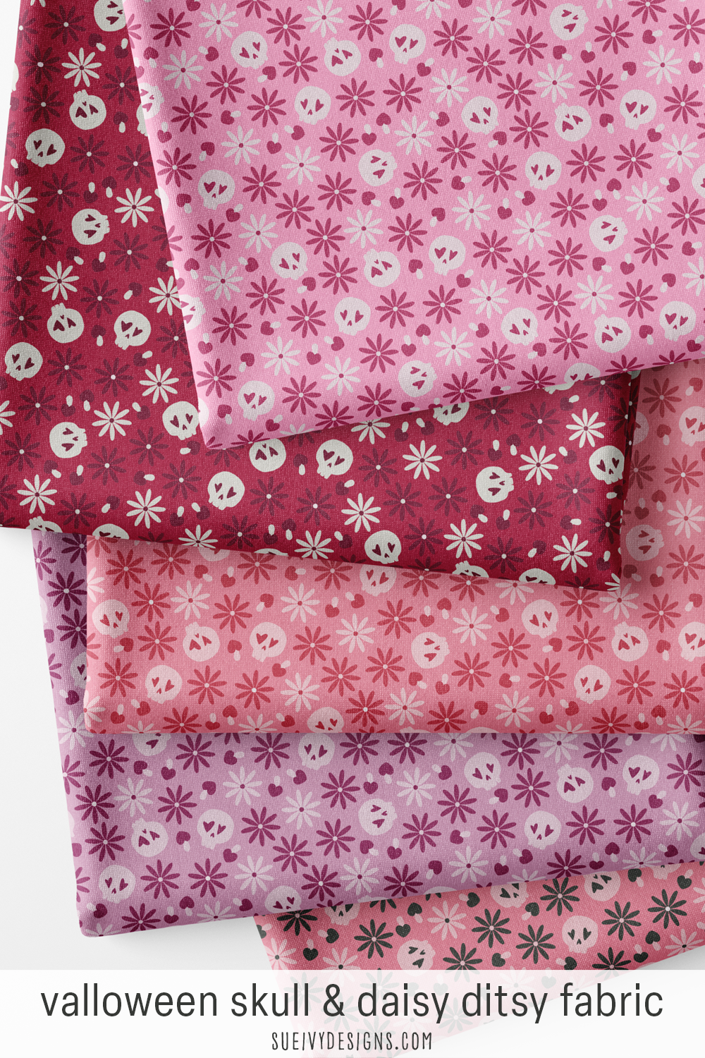 Daisies, heart-capped mushrooms, and heart-eyed skulls in five colorways including pink & black and purple, for fat-quarter scrunchies