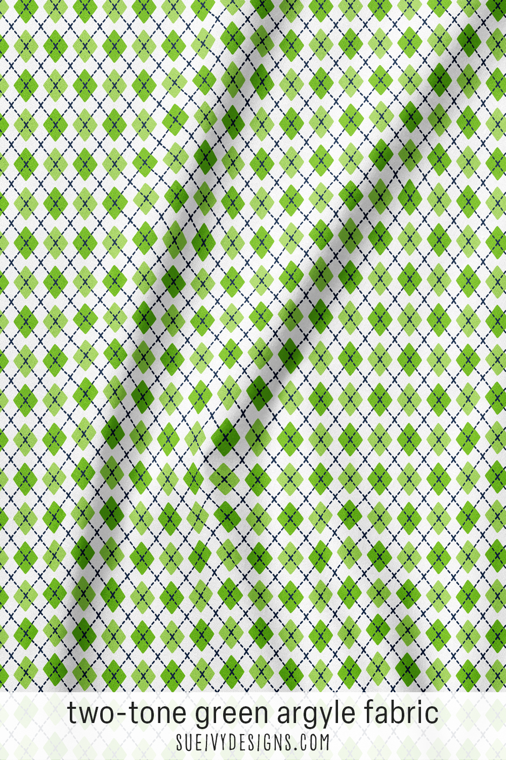 Green argyle fabric — two-tone diamonds in light apple green and apple green with navy dashes on white, for sewing.
