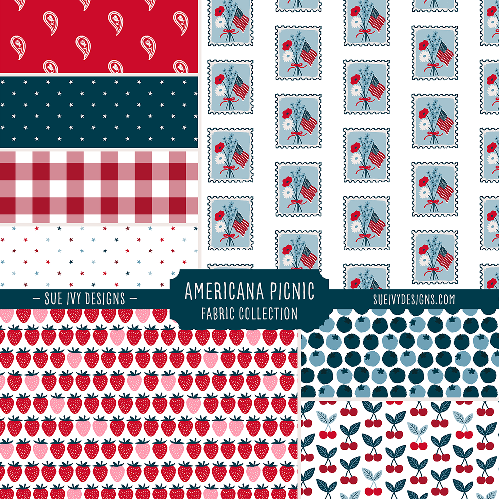 Americana Picnic fabric collection sampler by Sue Ivy Designs featuring fruit prints, patriotic stamps, paisley, gingham, and stars in red, white, blue, and pink