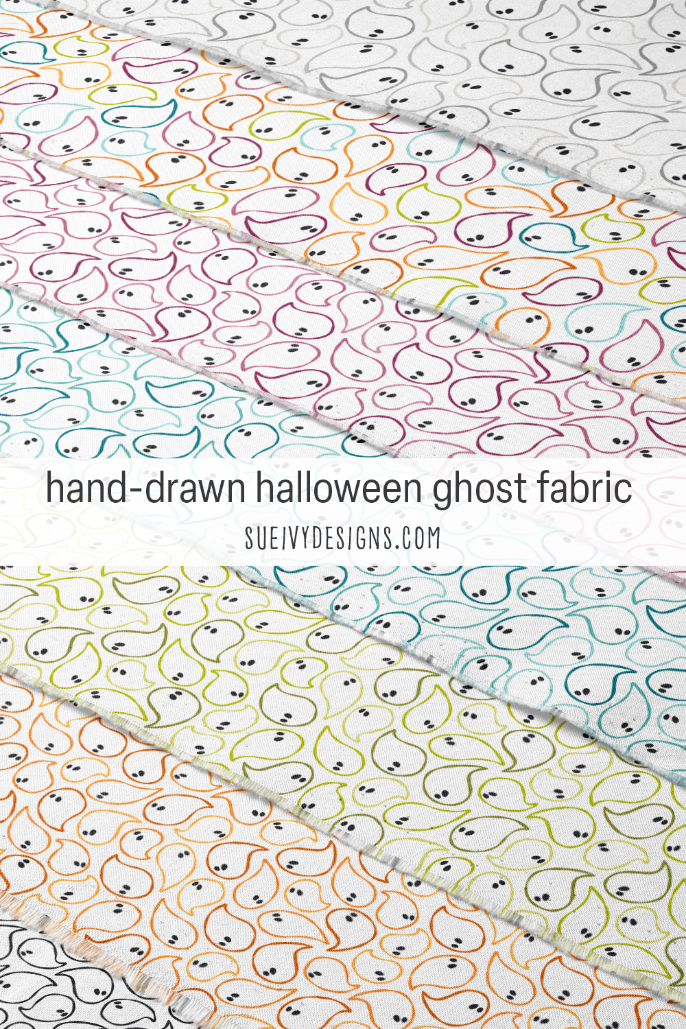 Hand-drawn outline ghost fabric in colorful and gray colorways on white — a soft, doodly print for not-so-spooky Halloween sewing.