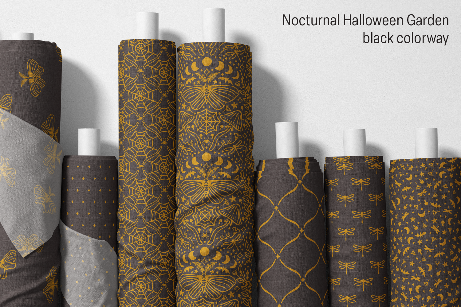 Nocturnal Halloween Garden fabric collection, black colorway, by Sue Ivy Designs.