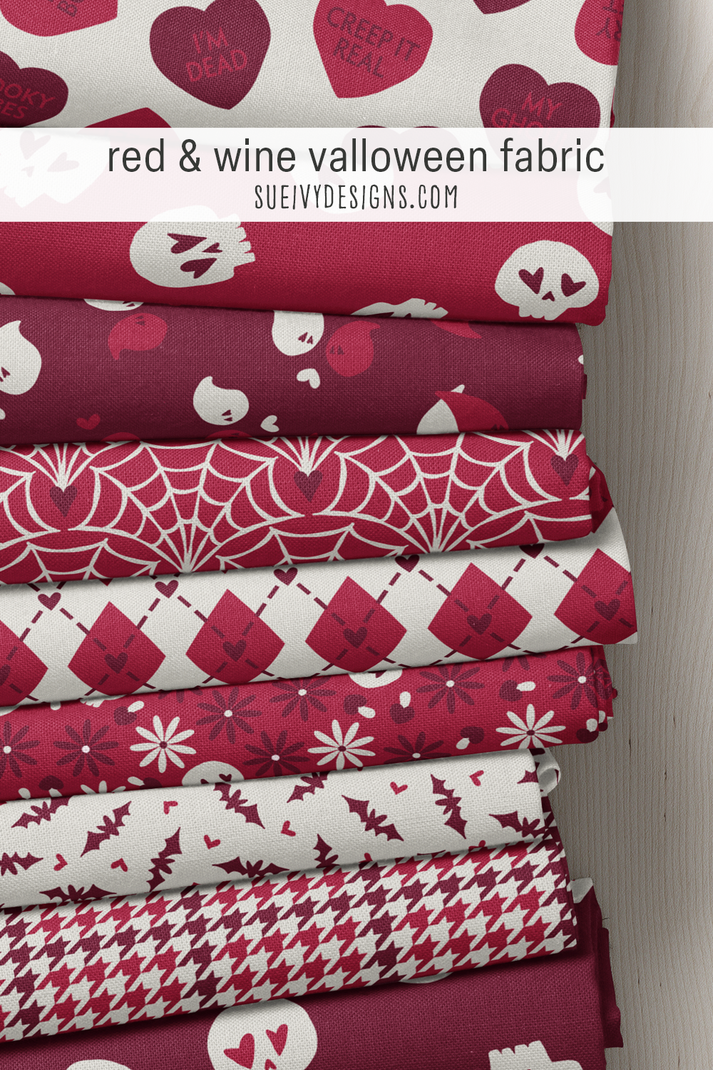 Dark wine, dark red, and light gray across every print, heart-eyed skulls to argyle, for a dark-romance table runner
