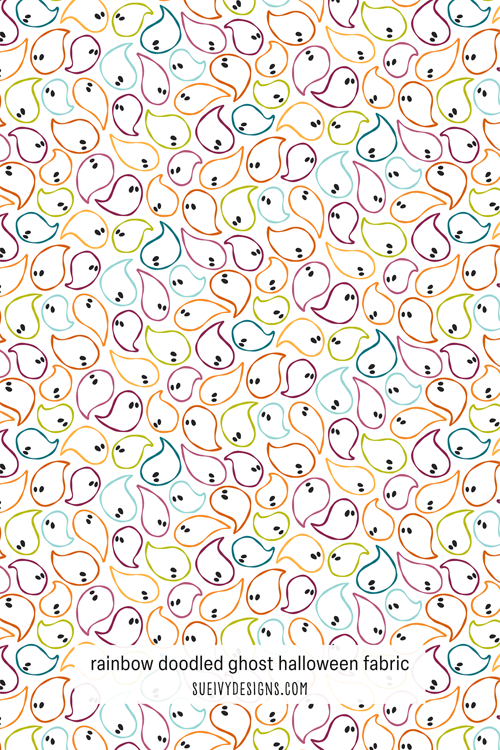 Rainbow doodled ghost Halloween fabric print on white by Sue Ivy Designs, perfect for quilting and apparel